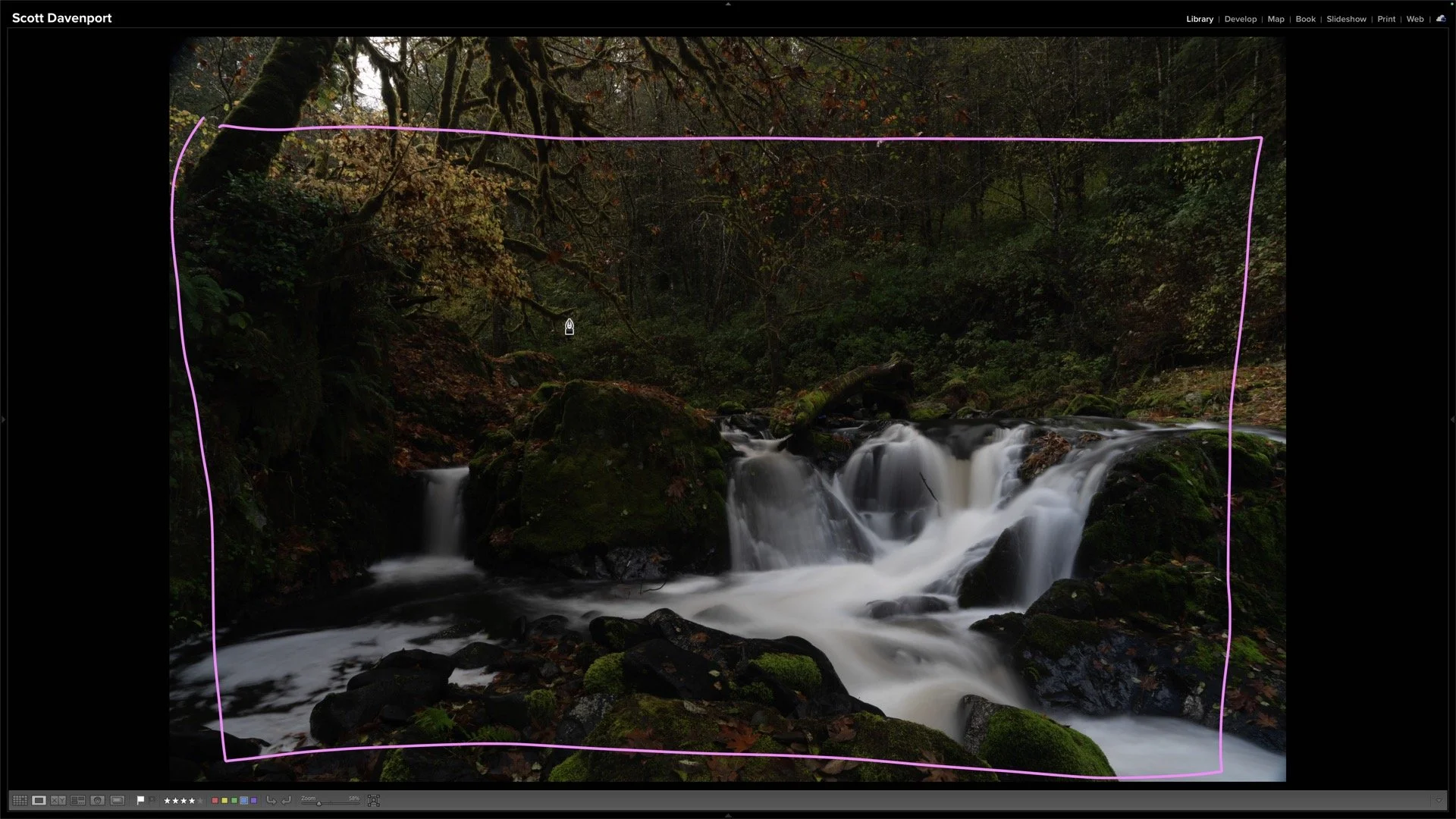 Proposed crop on the raw Sweet Creek photo removes much of the empty right side and the patch of sky, placing greater emphasis on the flowing water.