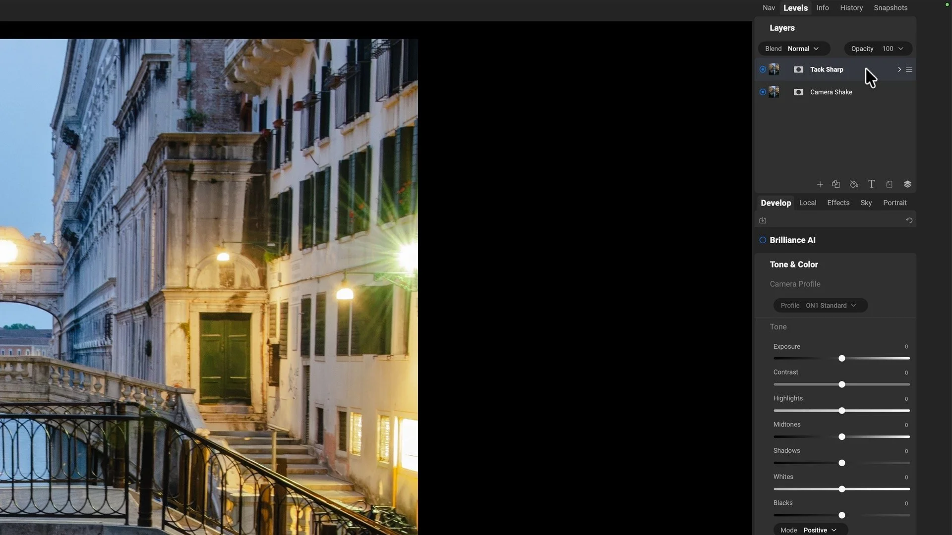 ON1 Photo RAW Layers panel showing the duplicated Tack Sharp layer above the original Camera Shake layer