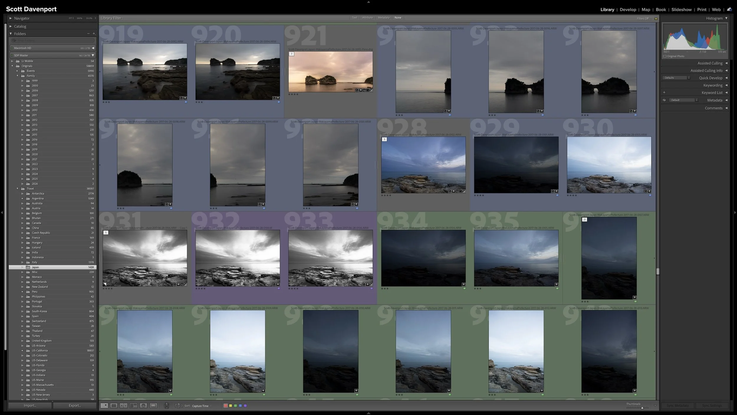 Lightroom Classic Library module with the Folders panel expanded to show separate top-level areas for professional travel photographs and personal photographs within the same catalog.