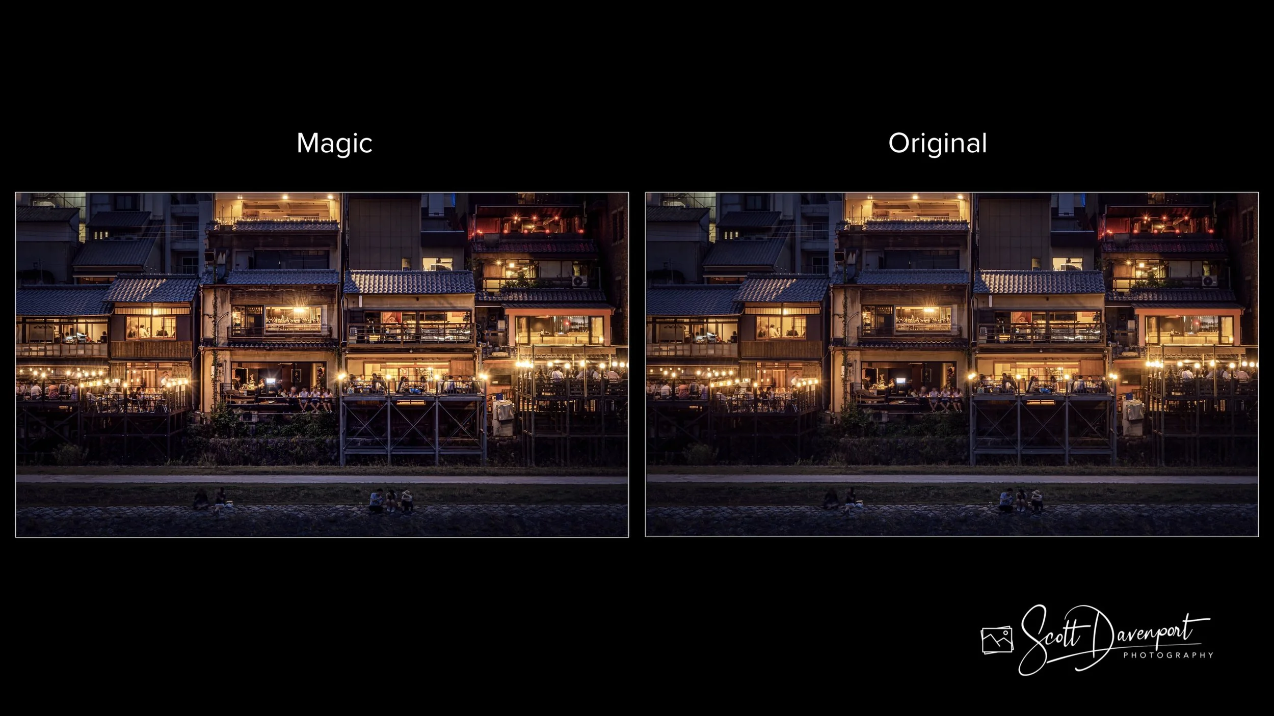 Before and after views of a cityscape showing a subtle increase in glow around its artificial lights.
