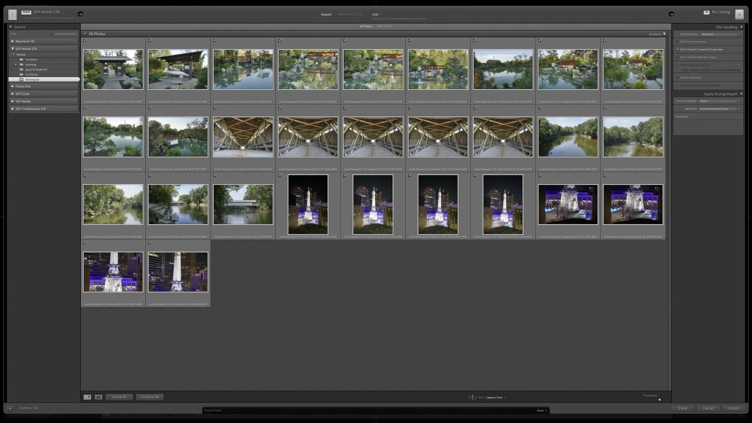 Lightroom Classic Import window with Add selected for photos already stored in their permanent folder; the Destination pane on the right is not shown