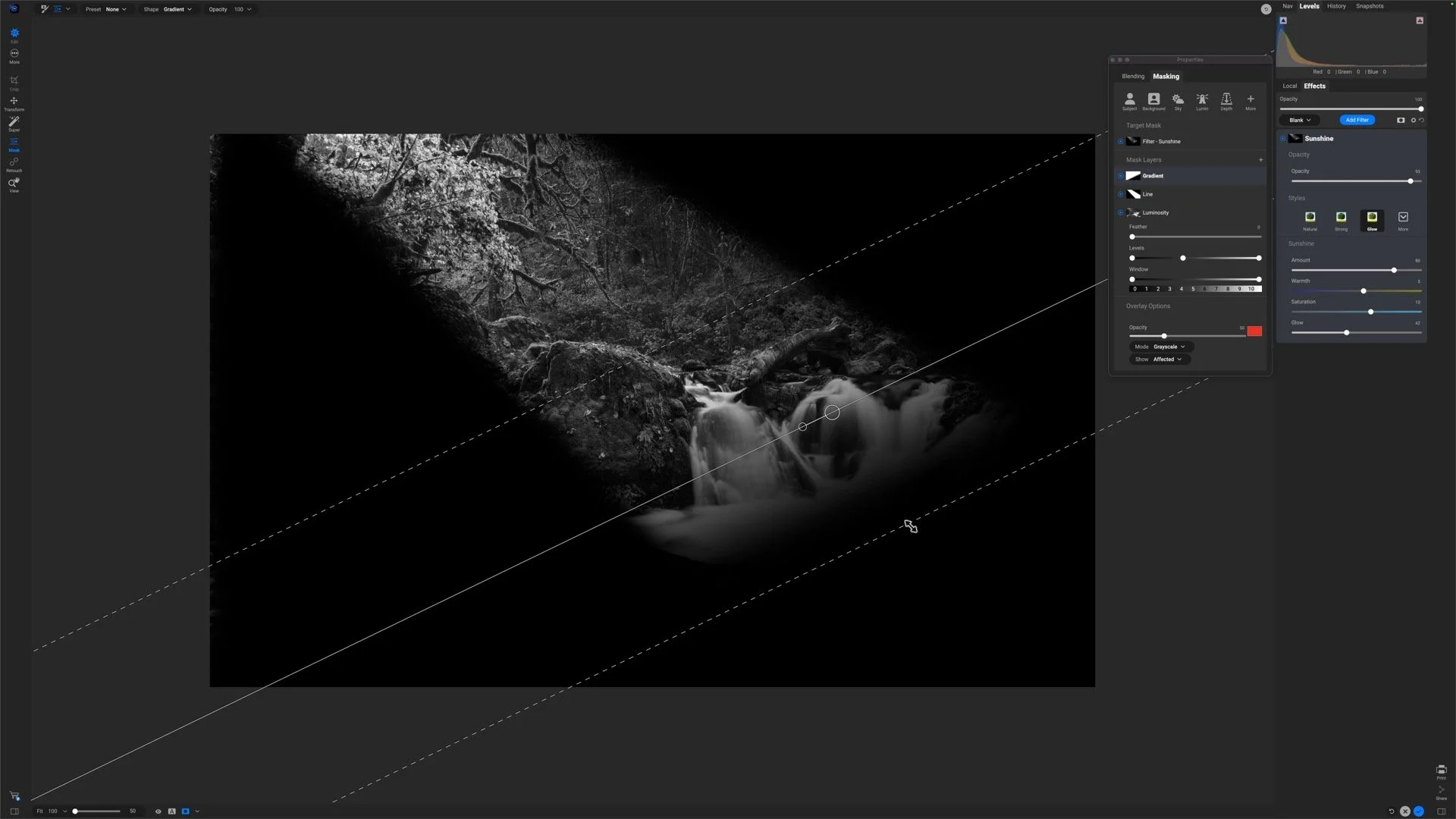 Combined mask with a soft bright area at the upper left fading toward the water at the lower right.