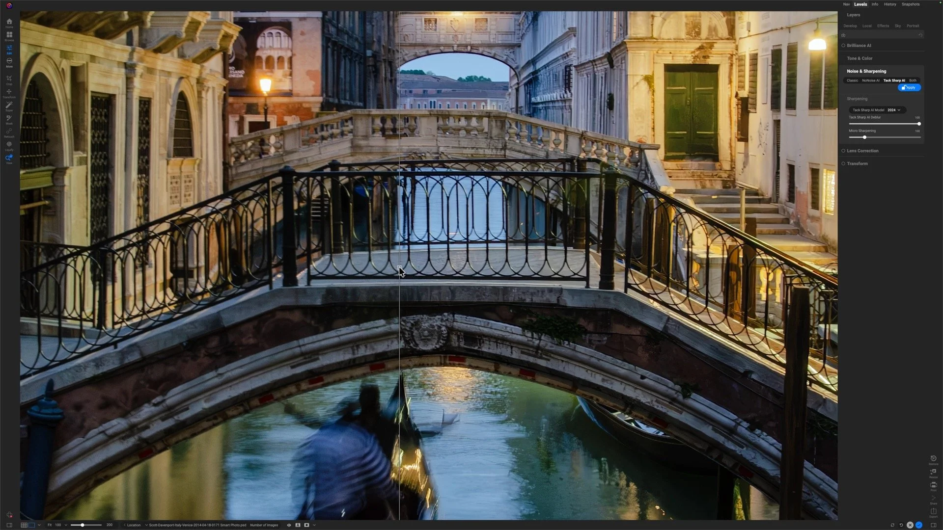 Before-and-after comparison showing Tack Sharp correcting the buildings and railings while creating overly crisp detail in the water