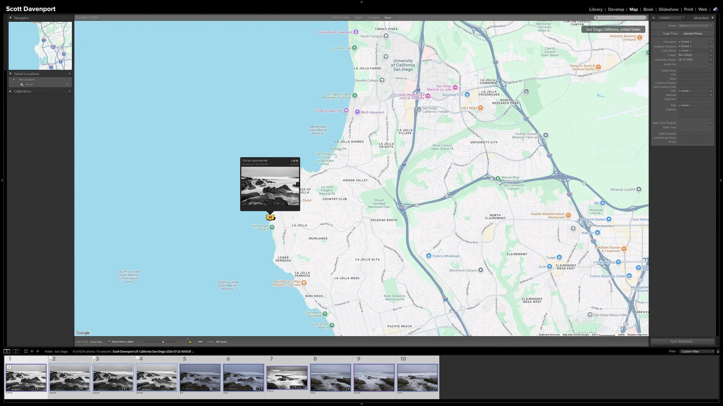 Lightroom Classic Map module showing a group of photographs selected in the Filmstrip and placed together at the general shooting location.