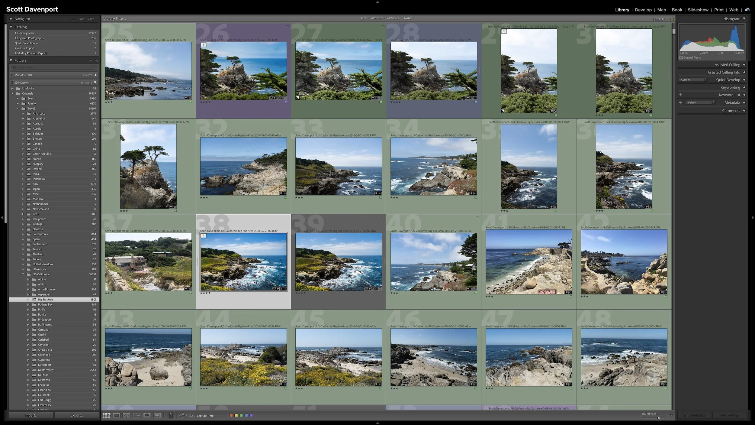 Lightroom Classic Folders panel showing a relatively shallow geographical hierarchy, with one frequently photographed area expanded one level deeper to illustrate where additional organization is useful.