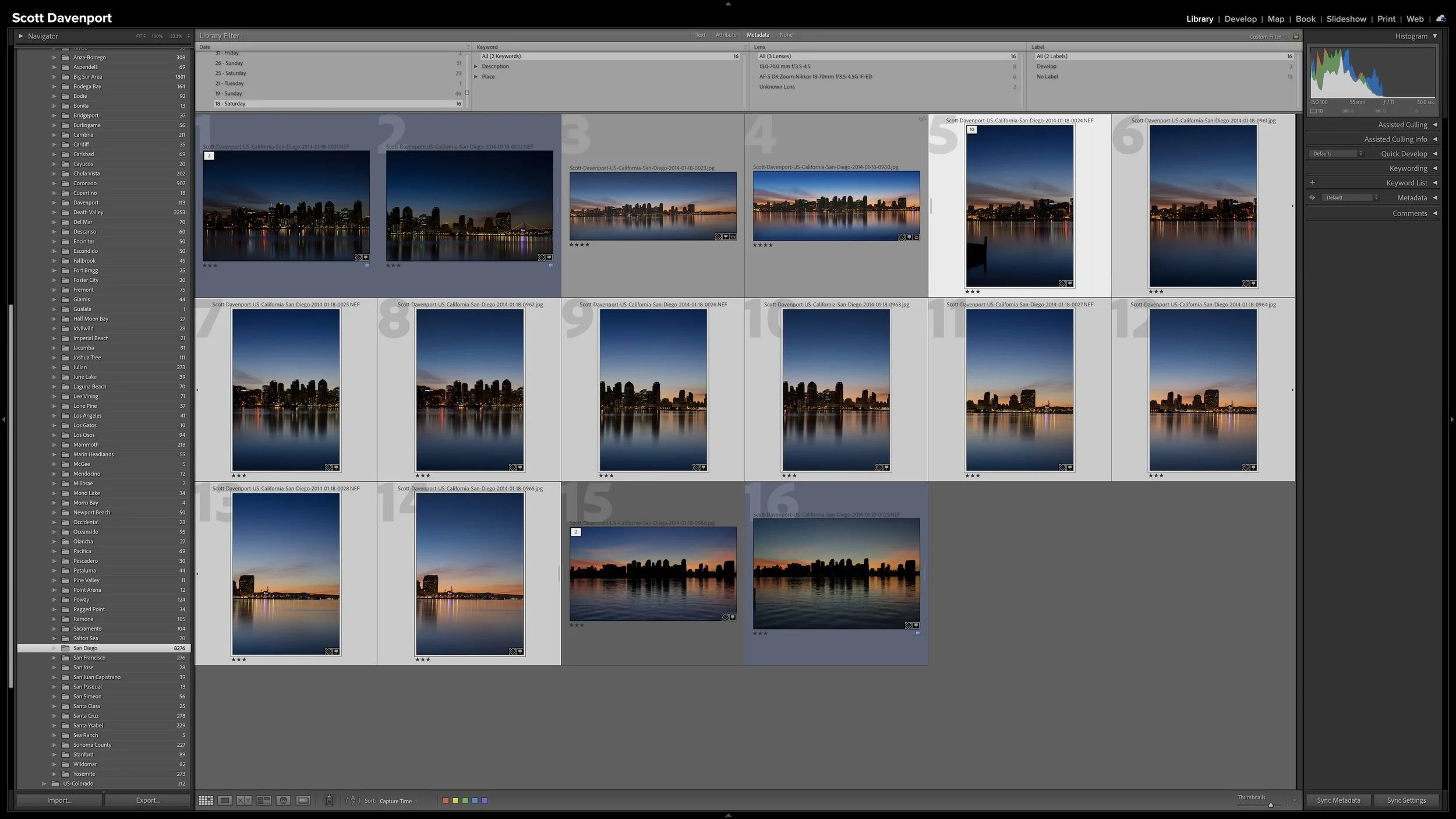 Lightroom Classic Grid view showing an expanded stack of panorama segments .