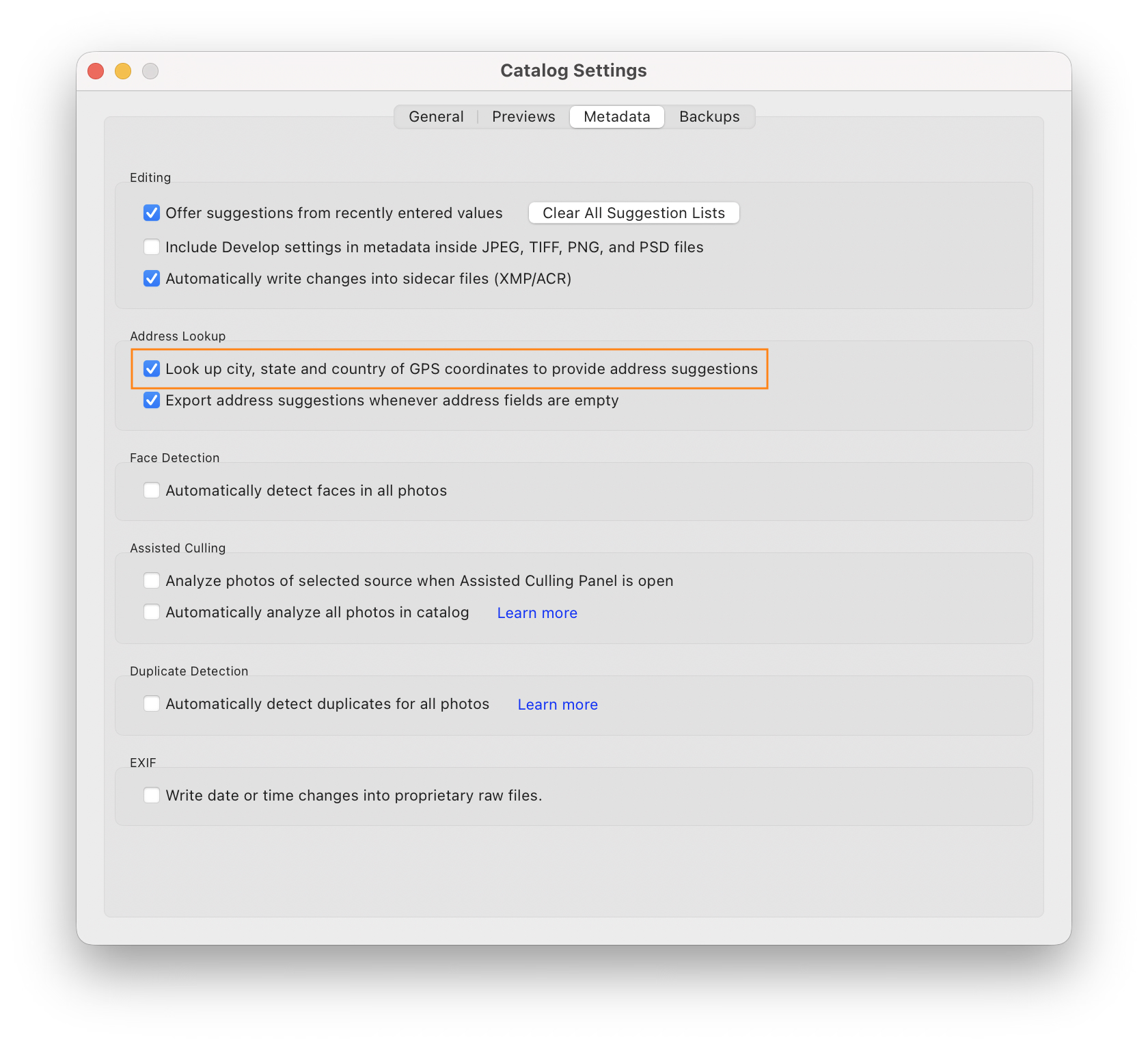 Lightroom Classic Catalog Settings > Metadata showing “Look up city, state, and country of GPS coordinates to provide address suggestions” enabled.