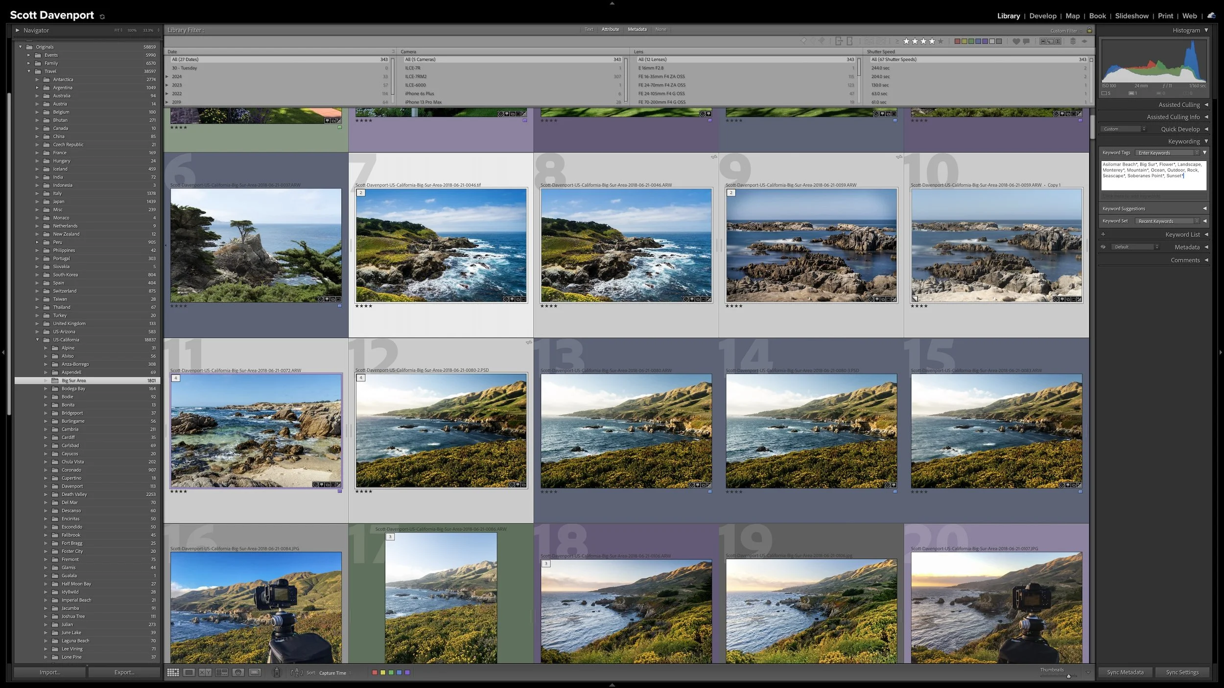 A small group of similar coastal photographs selected together in Lightroom Classic Grid view with shared keywords visible in the Keywording panel