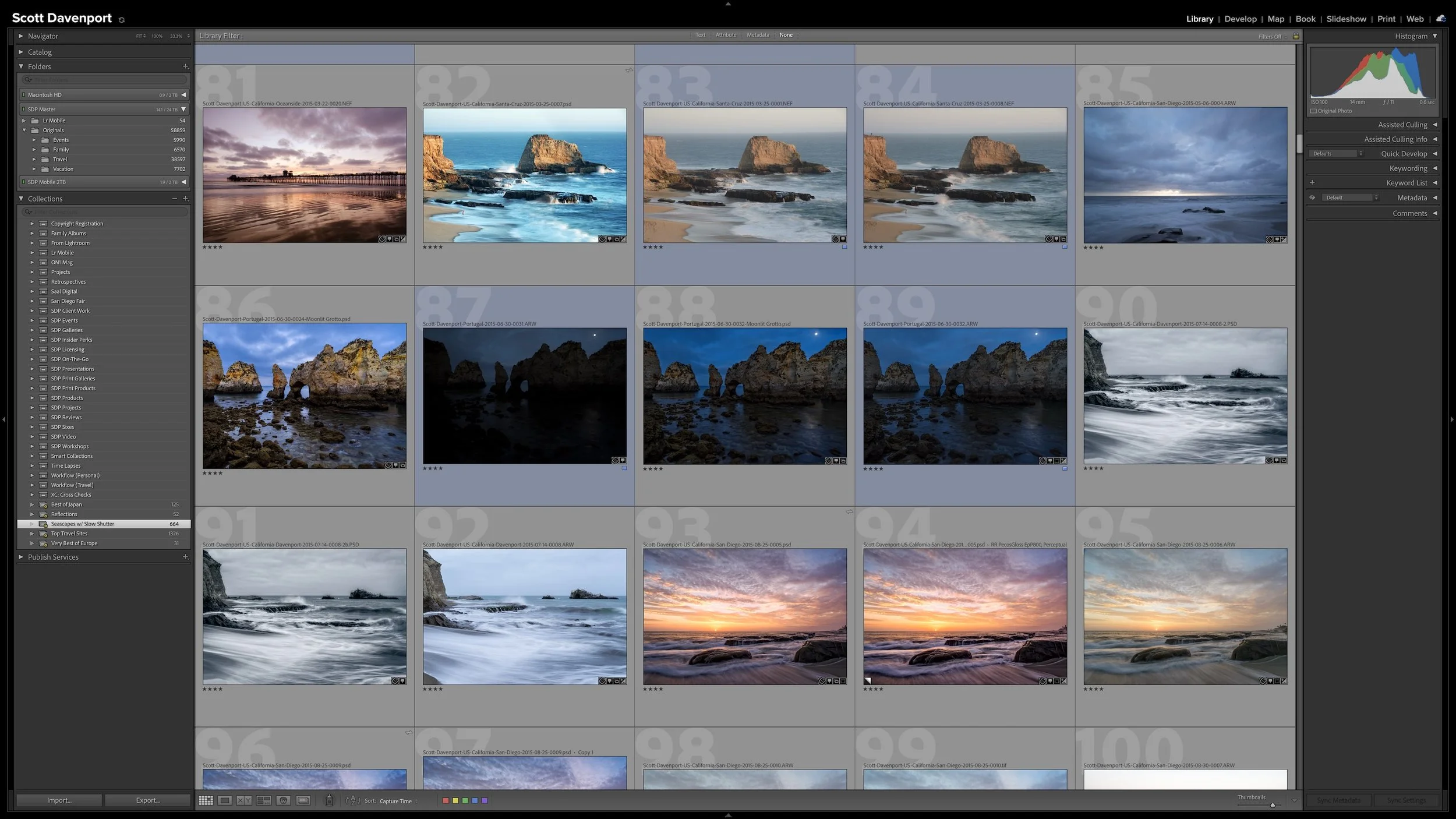 Lightroom Classic Grid view with the seascape Smart Collection selected, showing the photographs gathered by the rules