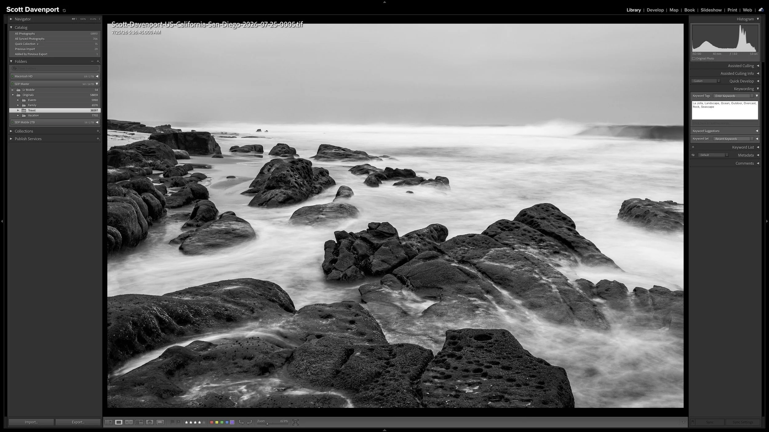 Lightroom Classic Keywording panel for a coastal photograph showing a small set of descriptive keywords such as ocean, rock, landscape, seascape, and overcast