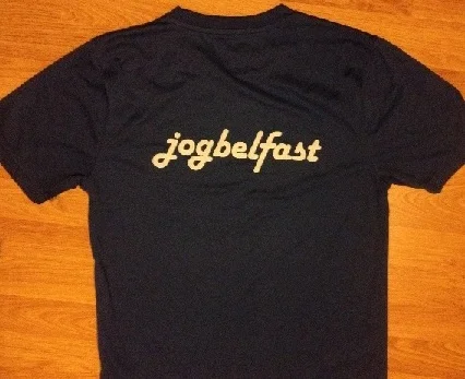 Sample JogBelfast sports t-shirt given to all participants with JogBelfast logo on the back