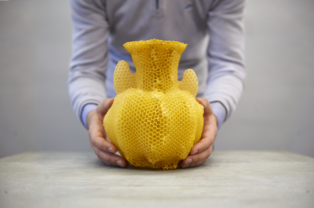 The Honeycomb Vase Year : conception 2005, realisation 2006-2010 Materials : beeswax Dimensions : 16 x 16 x 22 cm (may vary) Edition : 7 + 2AP's Description : The series of vases were completely "made by bees". After months of learning from beekeepers the inner workings of nature, Libertíny invited new colonies of bees to participate on sculptural forms. The result was now iconic edition of vases. The project extended into other works under the "made by bees" concept. In 2008, one of the vases was acquired by MoMA after being featured in Design and The Elastic Mind exhibition.
