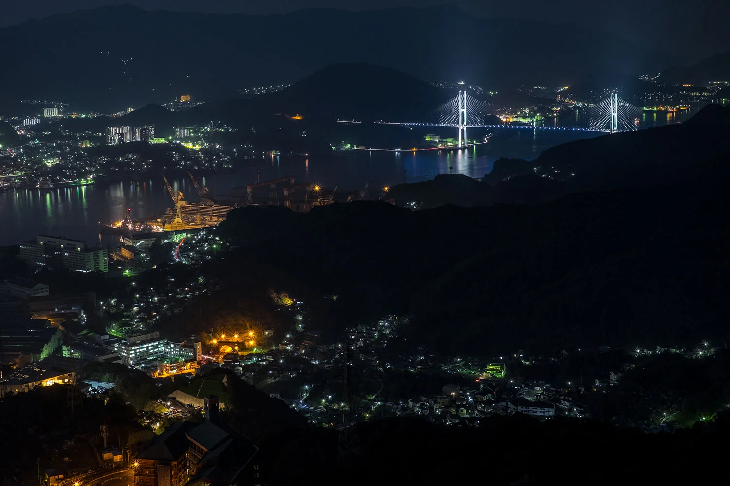 Vista del porto di notte. 