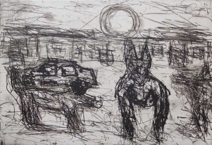 Three Dogs and A Moon II, 2 of 20, Etching, 28 x 31 cm, 2015
