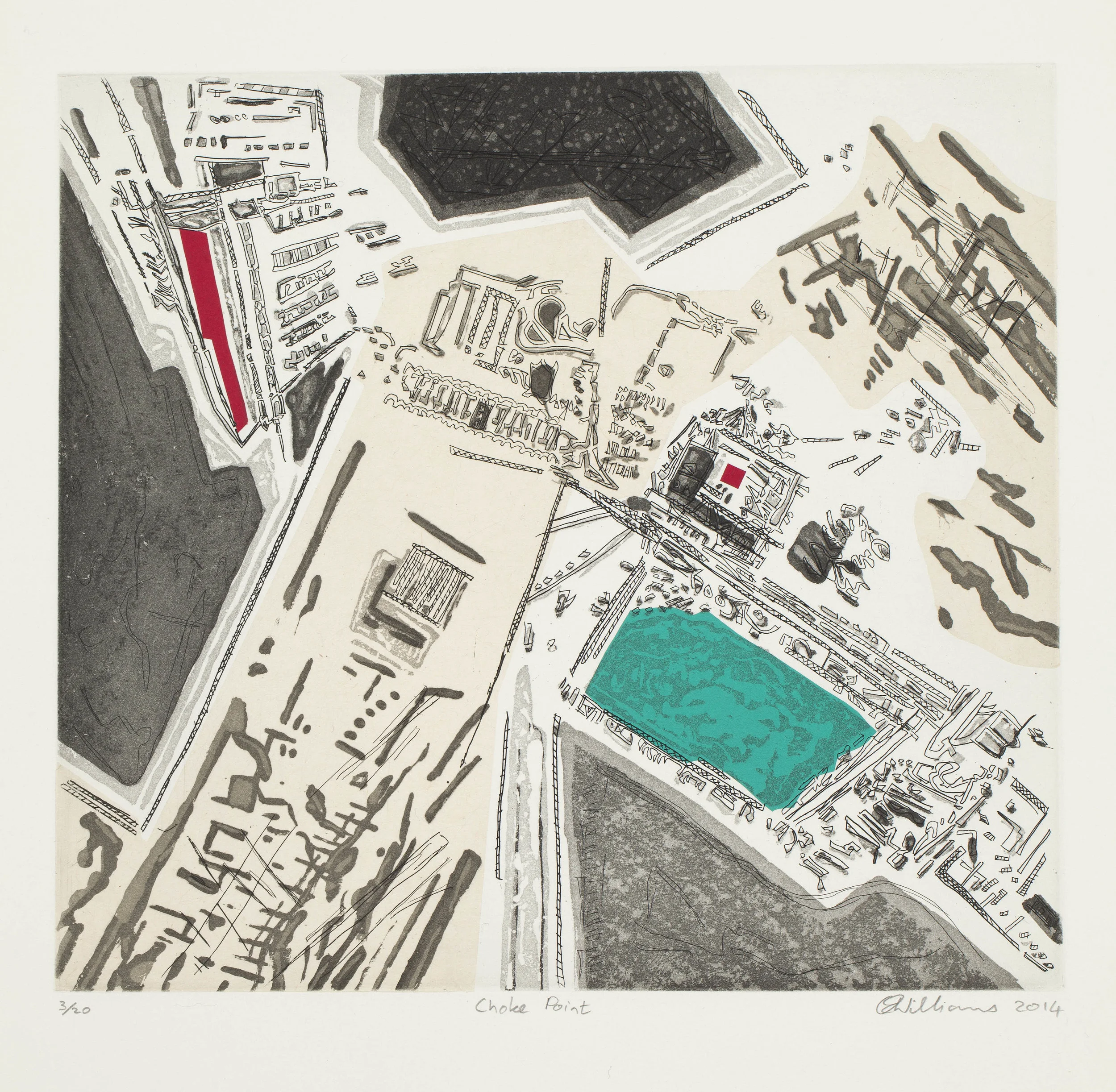Choke Point, Chine Collé Hardground Sugarlift Aquatint, 2014, ed. 20, 36 x 37.5 cm