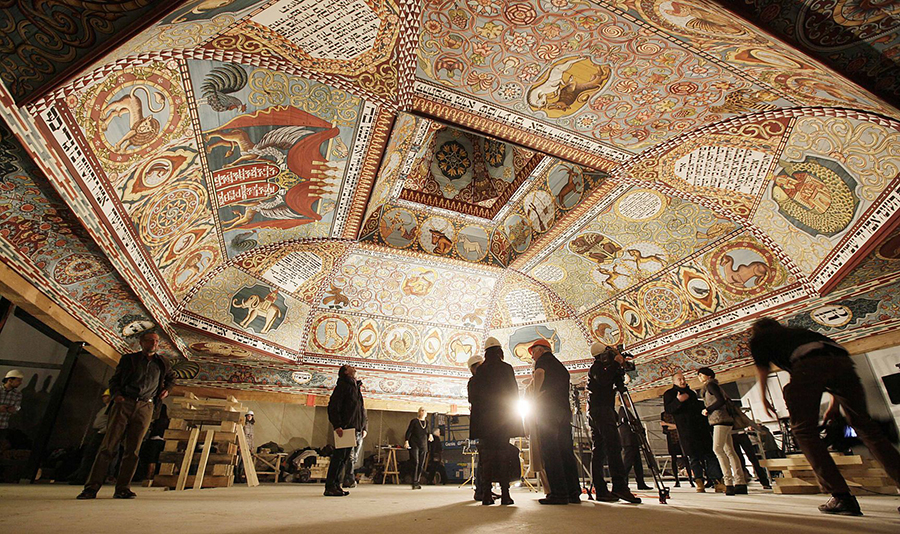 Barbara Kishenblatt-Gimblett (center) during the celebration of the completion of the synagogue roof installation. Photo courtesy of AP.
