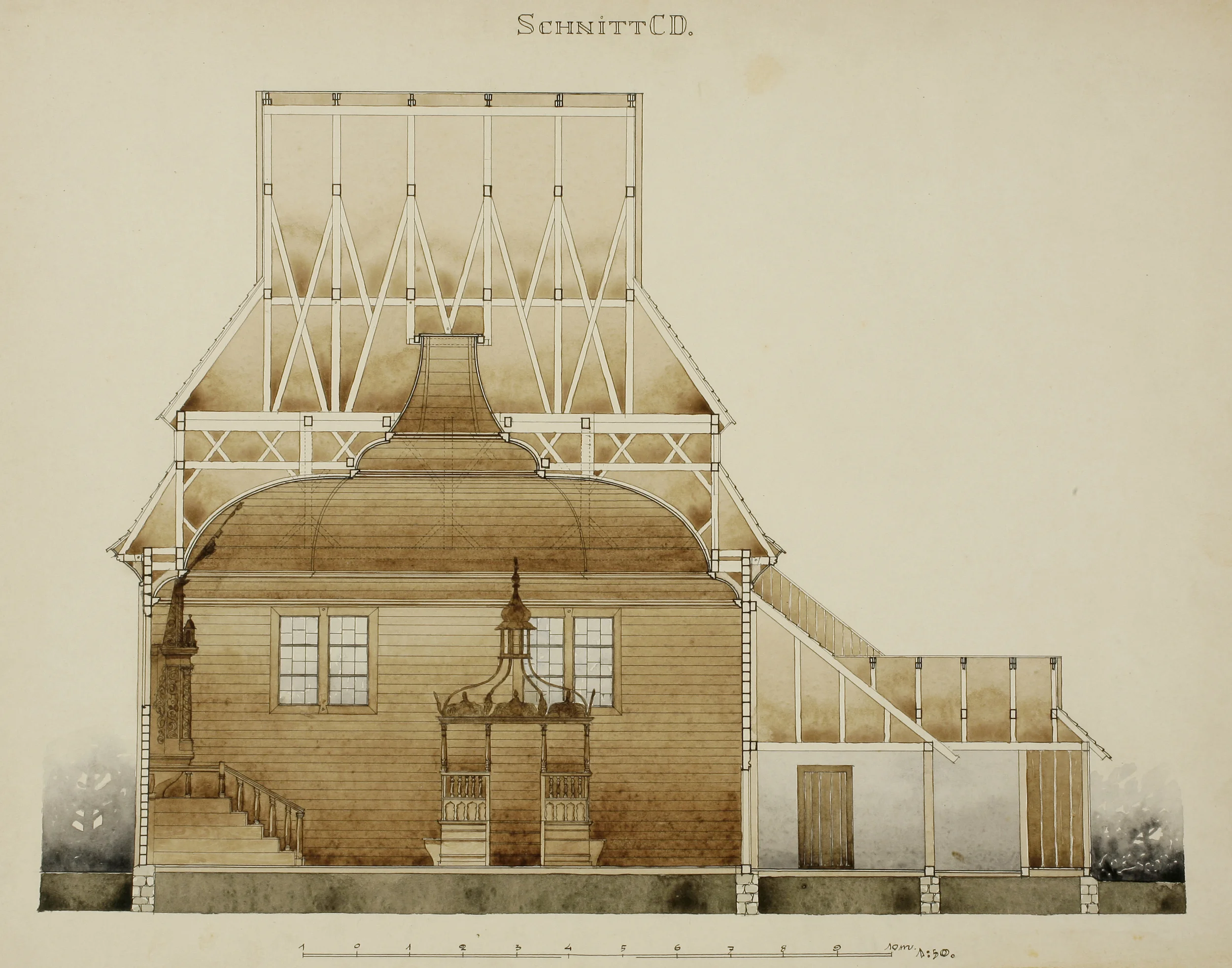 Alois Breier, measured drawing of the Gwozdziec wooden synagogue, collection and copyright of Tel Aviv Museum of Art.