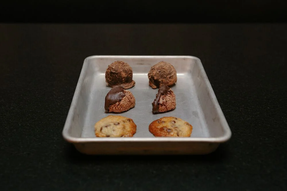 peanut butter truffles. chocolate almond macaroons. smoked chocolate chip cookies