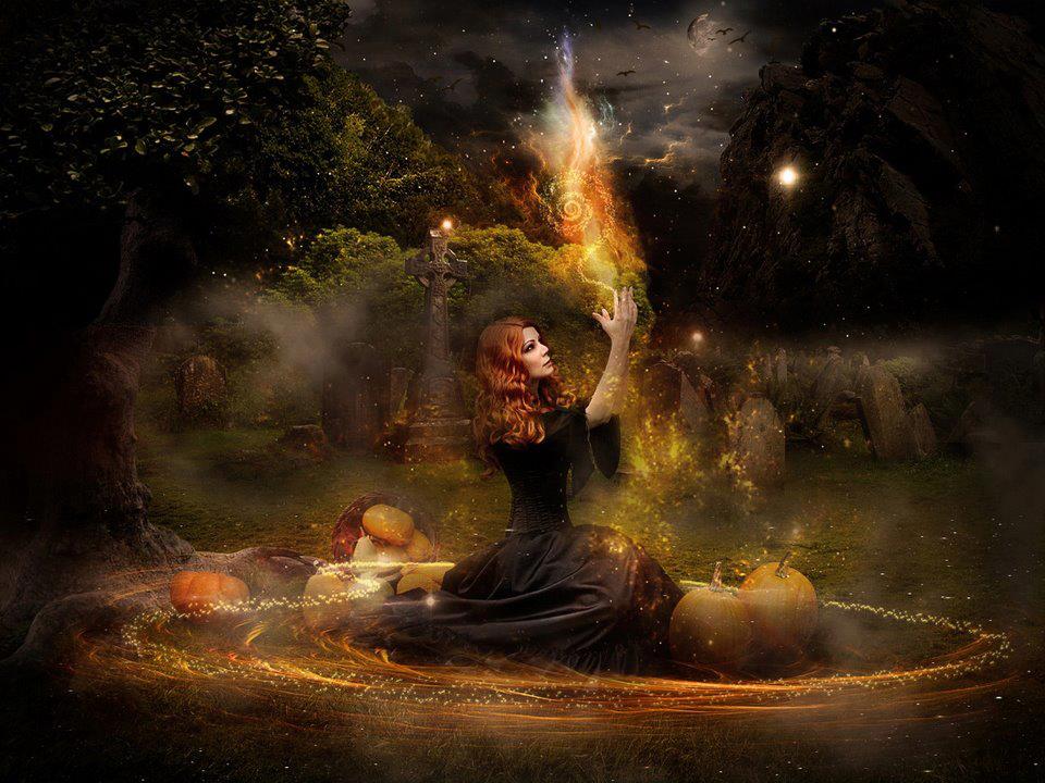 A witch celebrating the traditional Celtic/Druid holiday of Samhain a.k.a. Halloween.