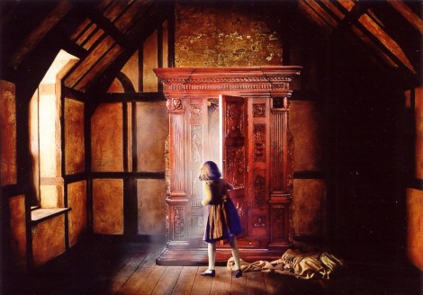 Lucy discovering Narnia in Professor Kirke's wardrobe, made from the wood of a tree from an apple from THE Tree of Narnia, a product of the tree Digory found in the Garden.