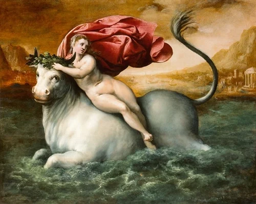 The "Rape of Europa," a goddess raped by Jupiter masquerading as a bull. A woman riding a beast into the sea.