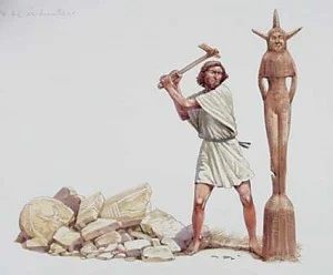 An Asherah pole, representative of Ashtoreth/the Queen of Heaven being righteously destroyed. 
