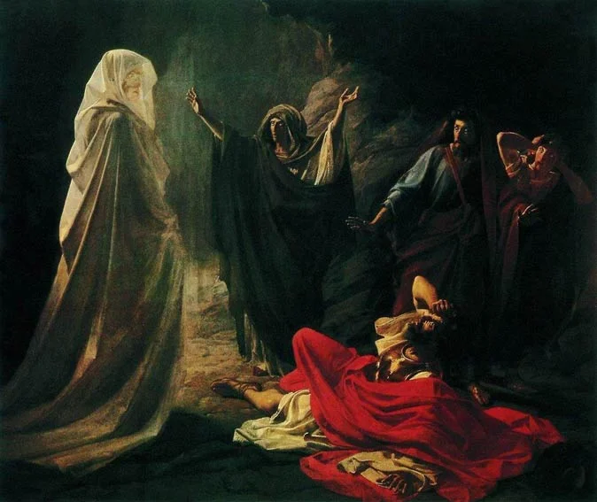 The late Prophet Samuel appearing King Saul, his men, and the Witch of En Dor.