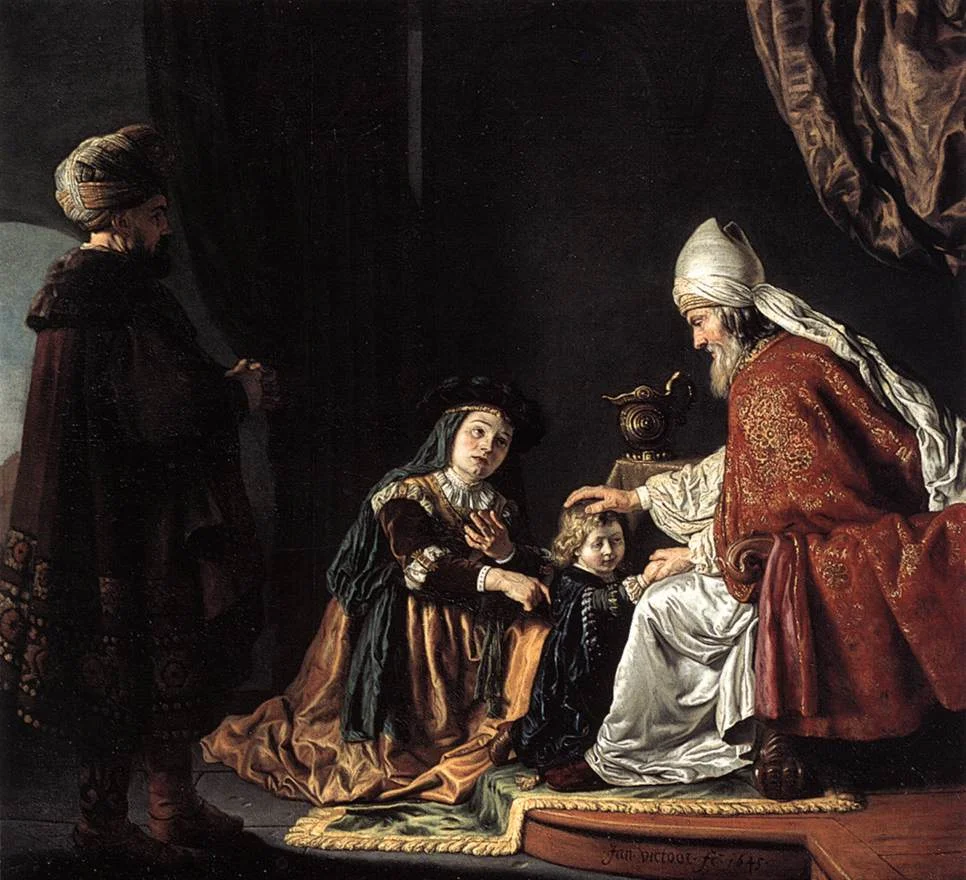 The child, Samuel, being lent to the Lord and the House of God in the form of the Priest-Judge, Eli, by his parents Hannah and Elkanah. 