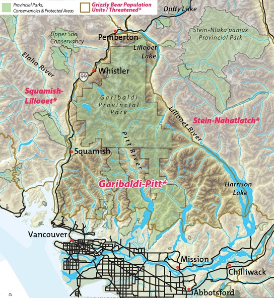 Map of Garibaldi-Pitt threatened grizzly bear population unit.
