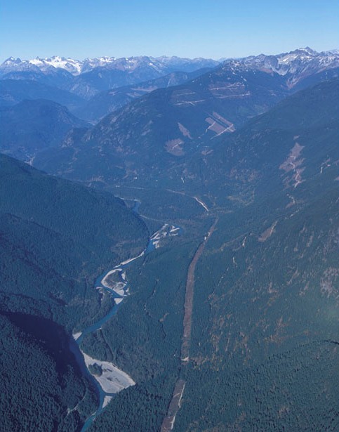 The peaks of the Stein behind the Lillooet River valley (and the head of Harrison Lake).