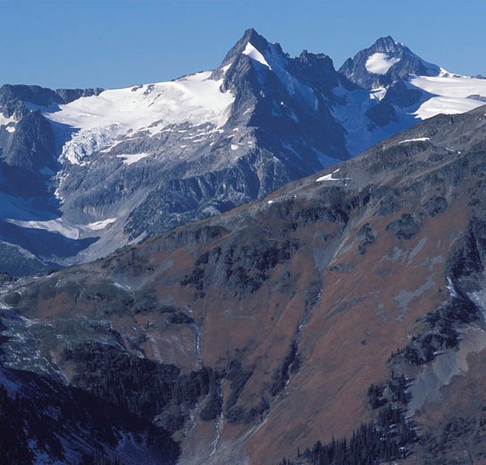The Garibaldi-Pitt range contains much rock and ice with limited remaining undeveloped areas of good grizzly habitat.