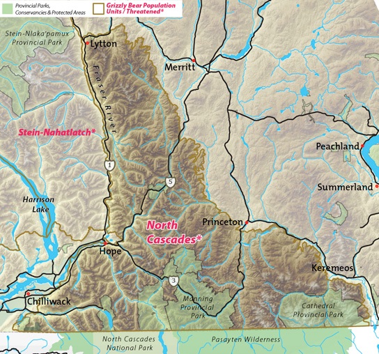 Map of North Cascades threatened grizzly bear population unit.