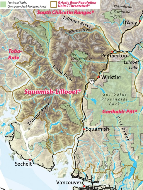 Map of Squamish-Lillooet threatened grizzly bear population unit.