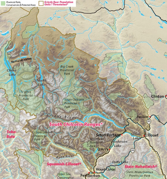 Map of South Chilcotin threatened grizzly bear population unit.