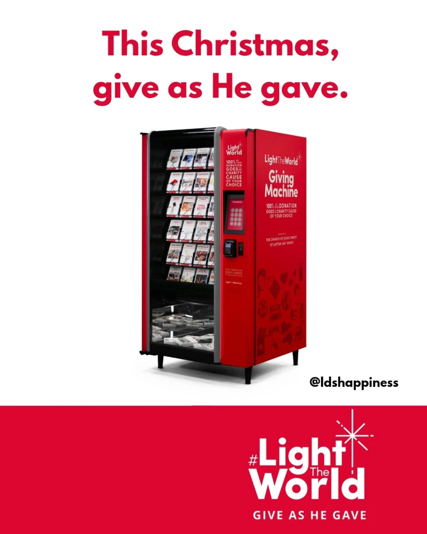 This #givingtuesday give as Jesus gave and find a way to serve those around you ❤️ If you have a giving machine in your area, consider visiting to donate to those in need!

#lighttheworld #givingmachine #lighttheworldwithlove #jesuslovesyou #give #ld