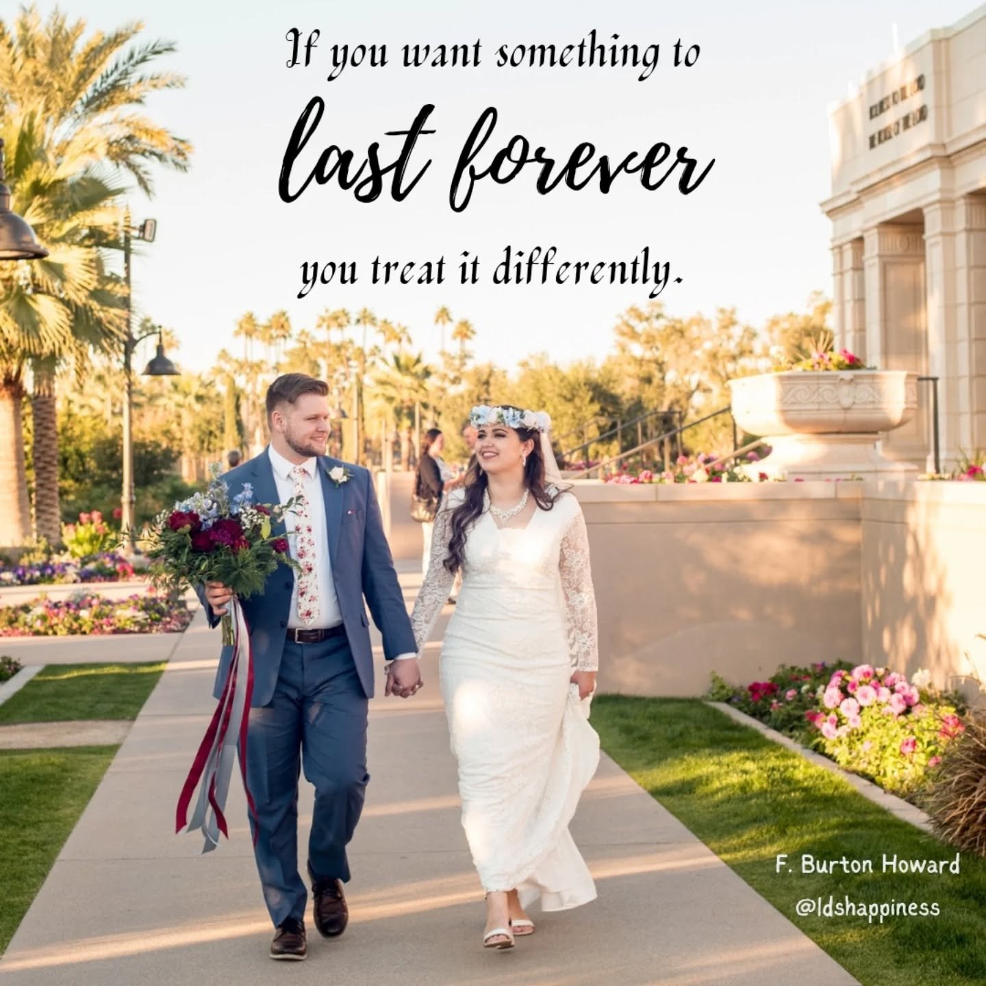 It's our anniversary today and I always like to look back on our wedding pictures. This is one of my favorites- my husband carrying my bouquet for me as we walked around the temple where we just made covenants to each other and to God. To me it repre