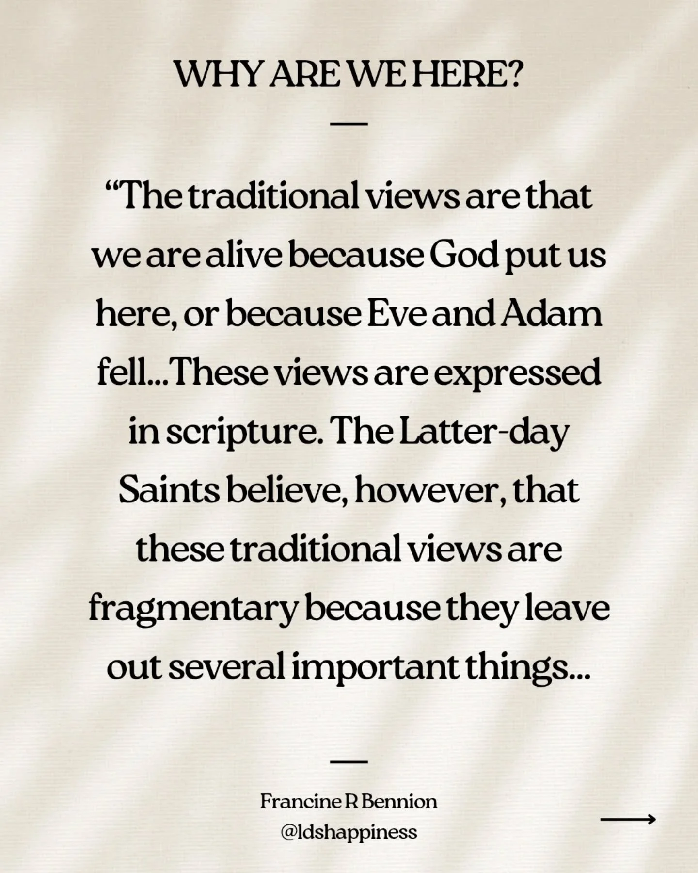 "A Latter-day Saint Theology of Suffering" by Francine R Bennion is the most powerful, doctrinally-rich, and clear explanation of why we are on Earth and why suffering exists that I have ever read. "We wanted life, whatever the cost&qu