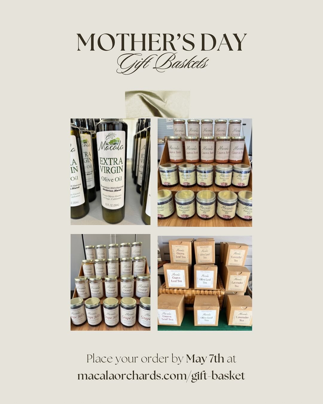 Pre-order your gift basket for pick up at our May 10th market by May 7th! Head over to www.macalaorchards.com and click on &ldquo;Gift Baskets&rdquo;