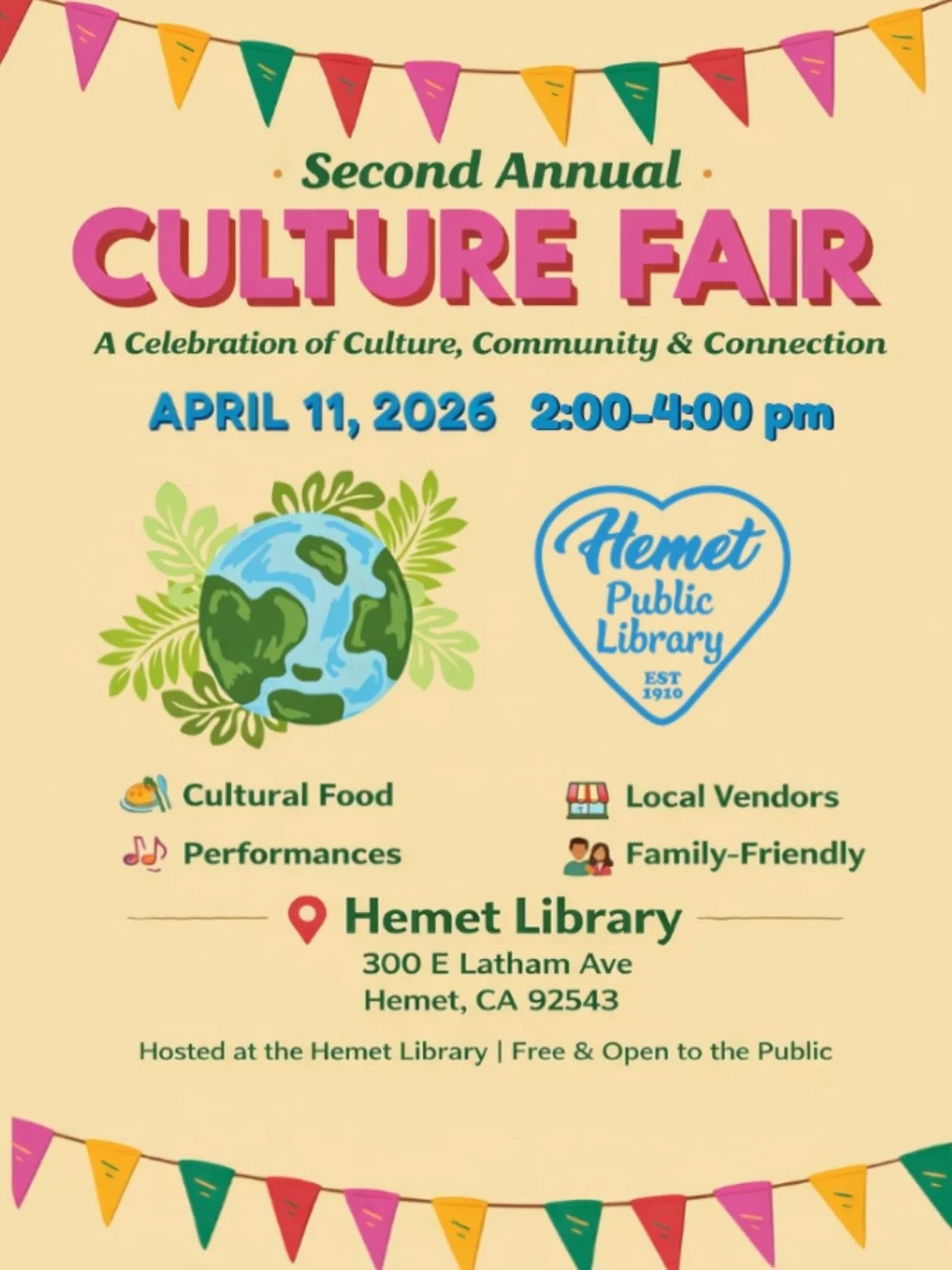 We are looking forward to being a vendor this Saturday and supporting our local community! 4/11 from 2-4 pm at the Hemet Public Library.

300 E Latham Ave.
Hemet, CA 92543

*In the event of rain, we will be indoors!