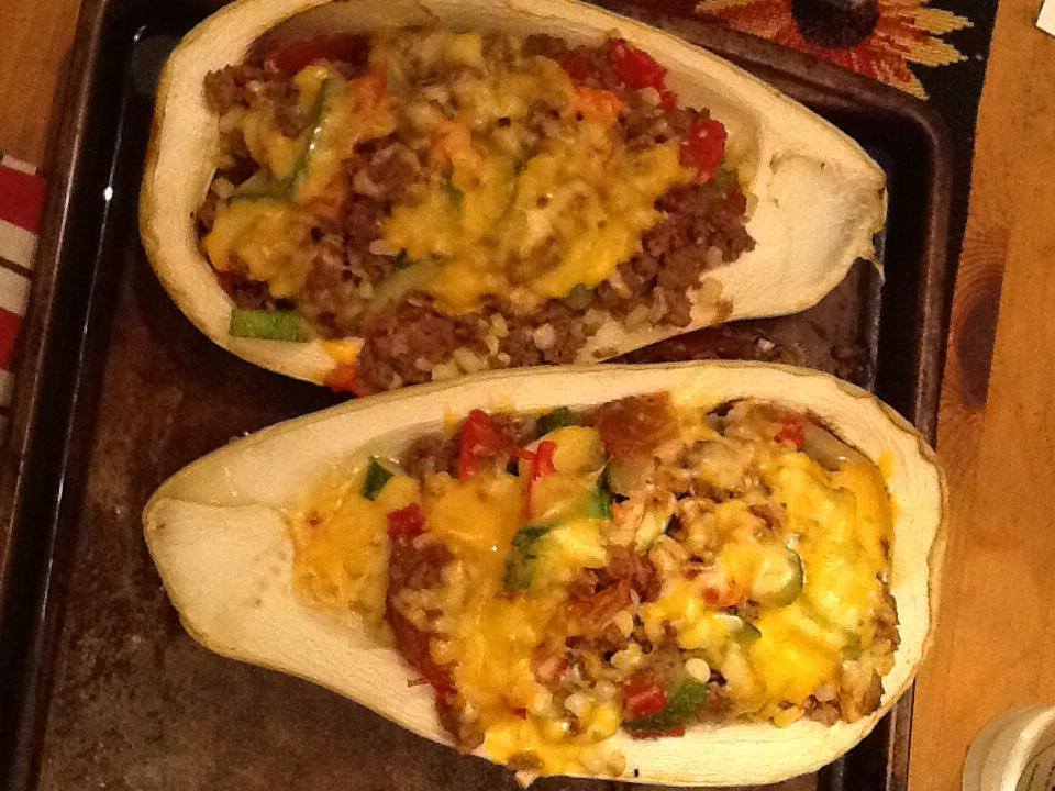 Farm intern Rachel Vorlander's stuffed Lebanese squash, filled with ground mean, onions, garlic, corn, chopped zucchini, tomatoes, herbs de Provence, and topped with cheese 