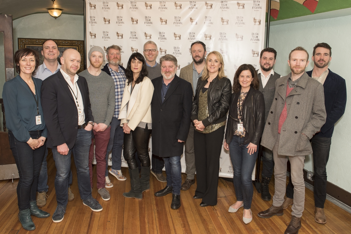 L-R: Dawn Morrissey (Irish Film Festival, Boston) Alex Fegan (Older Than Ireland), Andrew Kavanagh (City of Roses), Shaun O'Connor (Pat), Kev Cahill (More Than God), Simone George (Unbreakable: The Mark Pollock Story), Ross Whitaker (Unbreakable:The Mark Pollock Story), Pat Shortt (Garage), Gary Lennon (A Doctor's Sword) Consul-General Fionnuala Quinlan, Siobhan Fanning (Irish Film Festival, Boston), Garry Walsh (Older Than Ireland), Kev Cahill (Youre Ugly Too), Bob McKeown (Wifey Redux) 