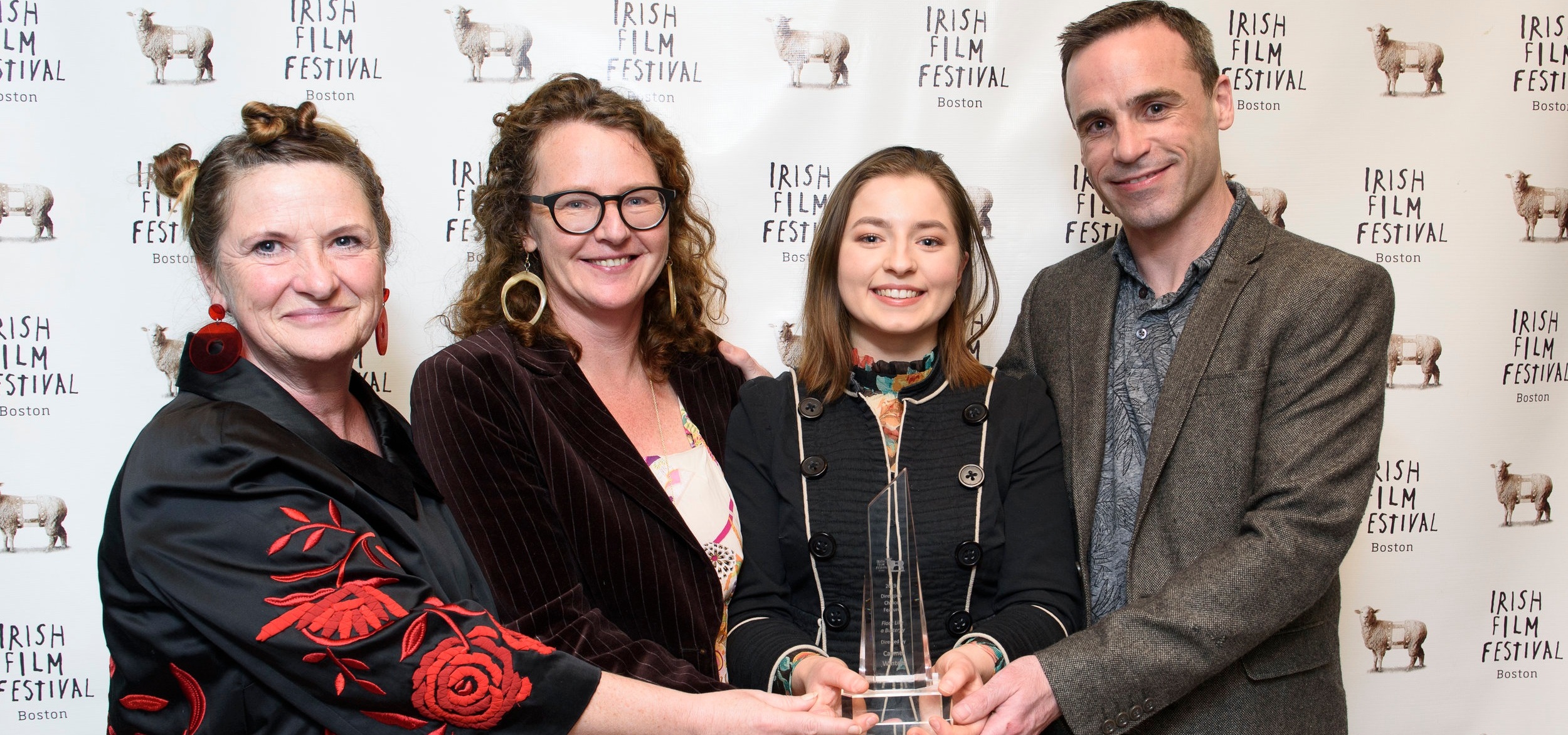  FLOAT LIKE A BUTTERFLY, winner of our 2019 Director’s Choice Feature.  Left to right: Production Designer Toma McCullim, Director Carmel Winters, Actor Hazel Doupe and Actor Dara Devaney 