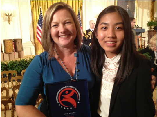  Keren Taylor, left, founder and executive director of Write Girl, and 16-year-old program participant Jacqueline Uy, were at the White House for Friday's ceremony. (Photo Credits:&nbsp;Kitty Felde/KPCC) 