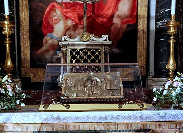 The traveling reliquary of blessed louis and zelie martin exposed for veneraton in the church of st. mary major in rome during the first session of the synod on the family in October 2014. it is a smaller replica of their chief reliquary, which may be visited in the crypt of the basilica at lisieux which is dedicated to their youngest daughter, st. therese.