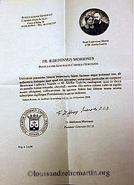 Certificate of authenticity of the reliquary of Sts. Louis and Zelie Martin