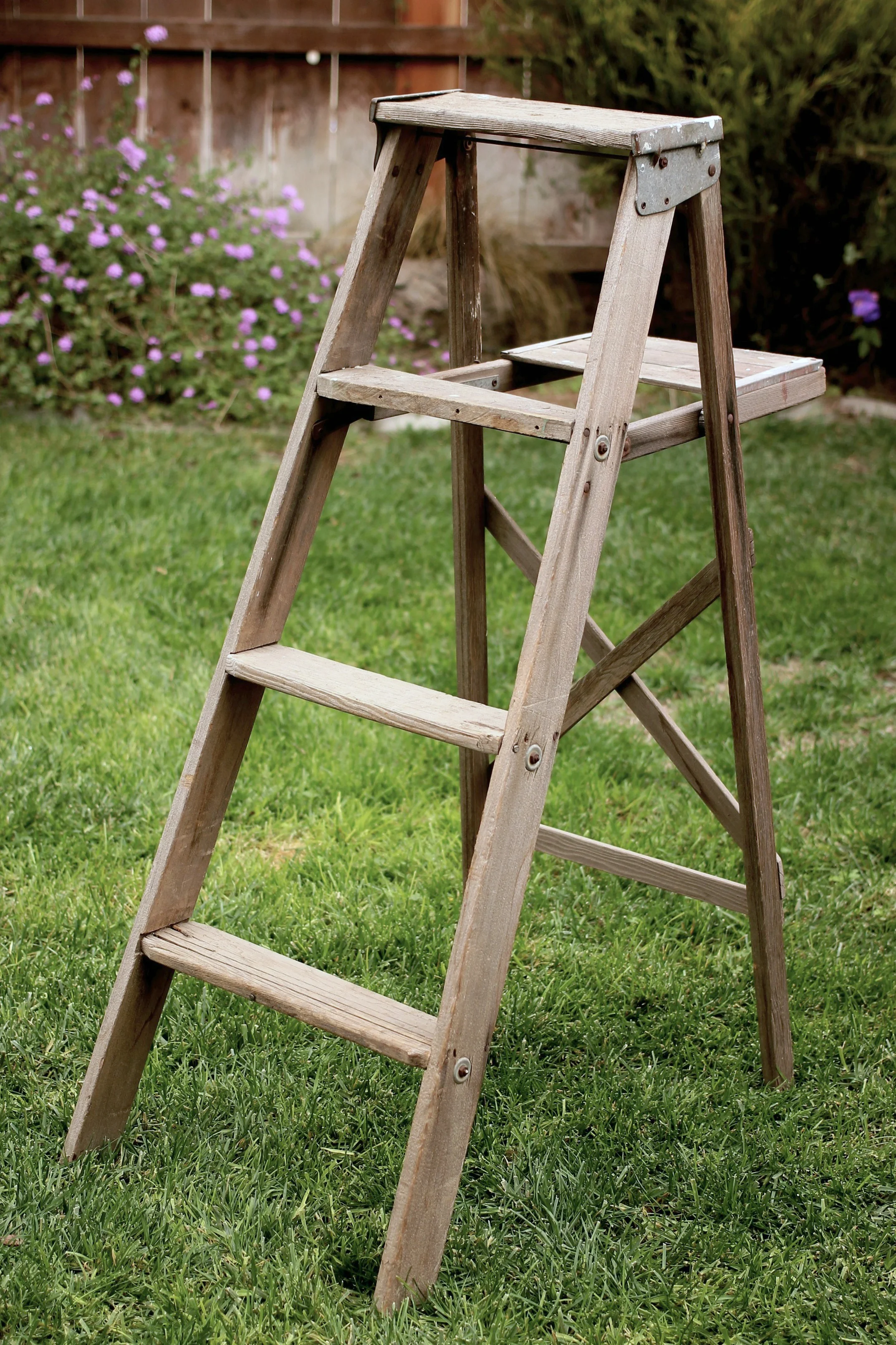 WEATHERED A-FRAME LADDER $25 MORE DETAILS & PICS...