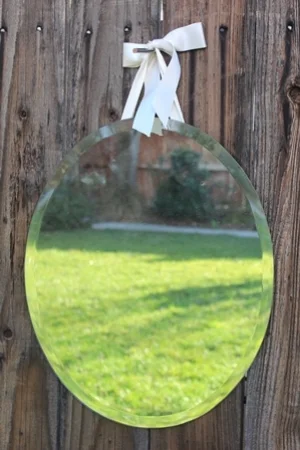 SML - OVAL, BEVELED-EDGE MIRROR - 16" X 19" WITH HANGING RIBBON - $15