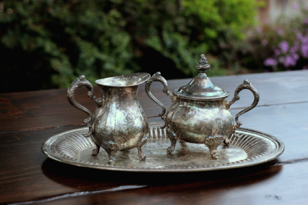 SMALL ENGLISH SUGAR/CREAMER SET WITH TRAY - $15 Tray measures 7"x 11" Creamer /Sugar is 5" Tall