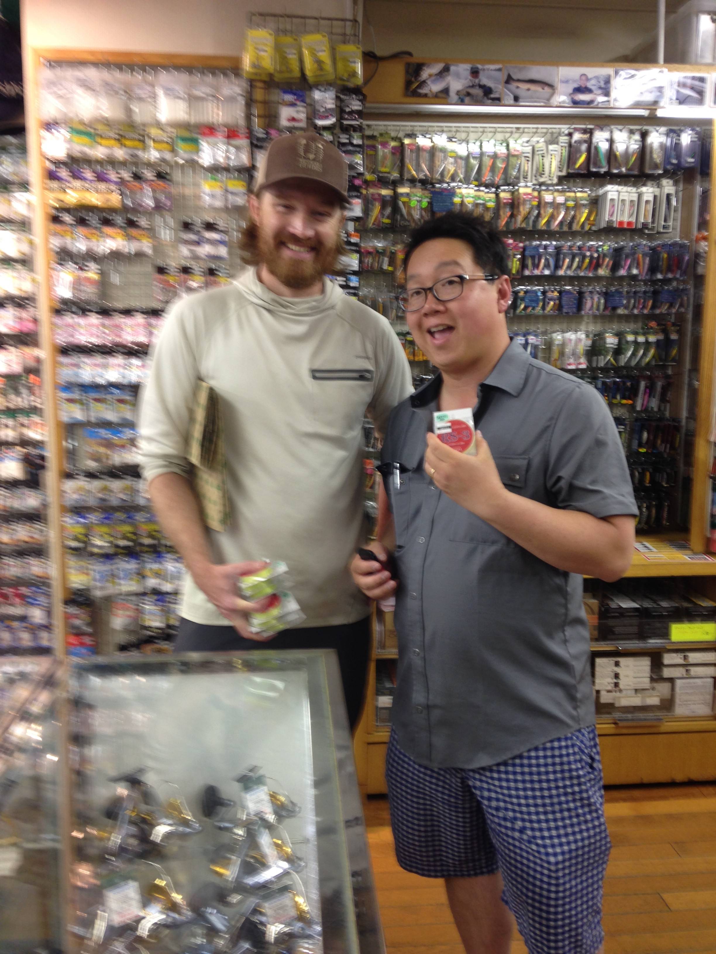 Erik (post-fishing) and An (pre-fishing) at the Sansui Tackle shop in Tokyo, Japan