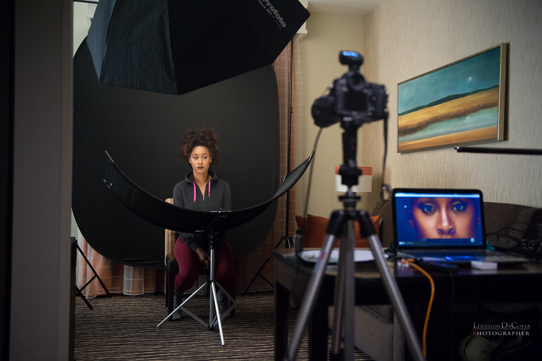 Behind the Scenes: My basic travel setup. a light, a backdrop, a reflector, and a camera. From L-R 1. Nikon SB800 on 2. Manfrotto Nano Stand (not pictured), 3. Matthews C-Stand with 4. Profoto B1 500 ws Head and 5. Profoto 5' RFI Octabank soft box. 6. Savage Universal Backdrop Stand. 7. Savage Universal collapsible backdrop 5x7', 8. Westcott Eyelighter II, 9. Nikon D810 On 10. Manfrotto/Bogen Tripod with grip. 11. Profoto TTL-N Air Remote. 12. Tether Tools USB 3.0 cable. 13. Adobe Lightroom CC on an HP laptop. 